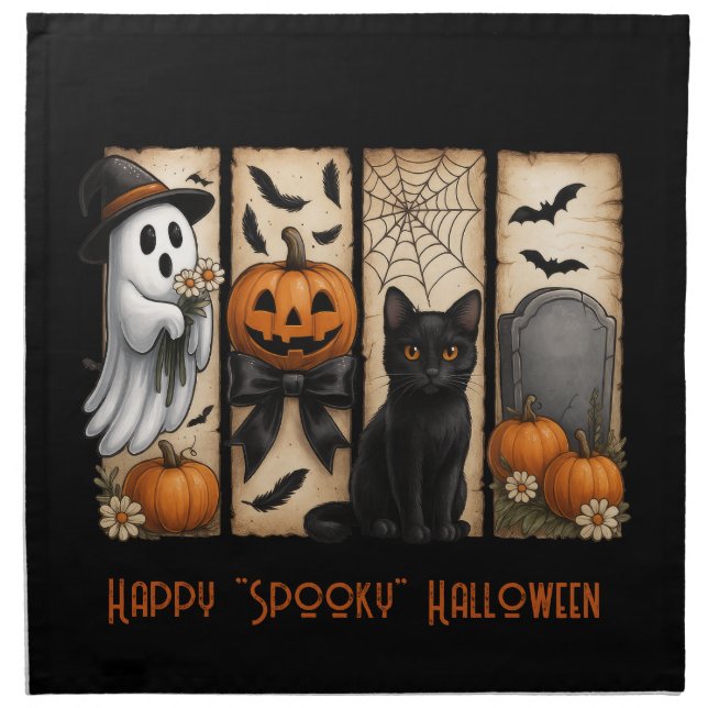 Happy "Spooky" Halloween Ghost Black Cat Cloth Napkin (Front)
