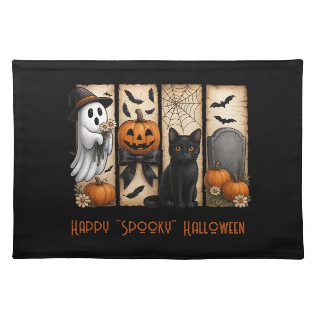 Happy "Spooky" Halloween Ghost Black Cat Cloth Placemat (Front)