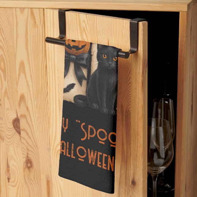 Happy "Spooky" Halloween Ghost Black Cat Kitchen Towel (Thirds Fold)