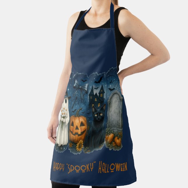 Happy "Spooky" Halloween Pumpkin Ghost Black Cat Apron (Insitu)
