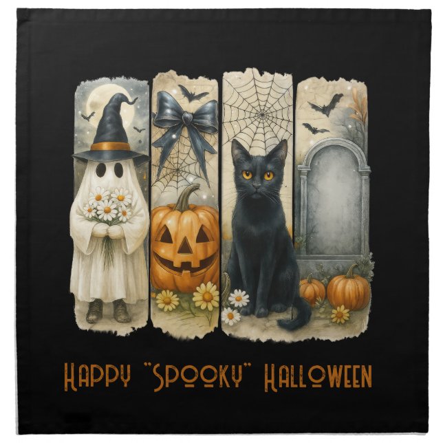 Happy "Spooky" Halloween Pumpkin Ghost Black Cat Cloth Napkin (Front)