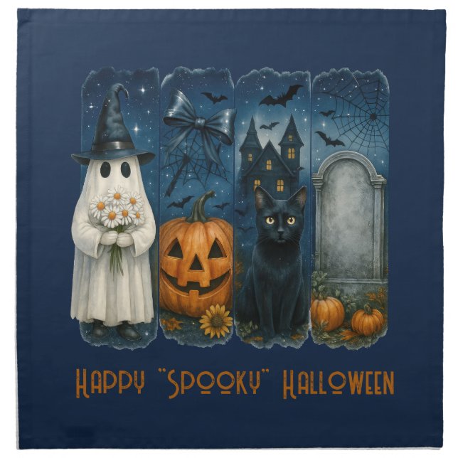 Happy "Spooky" Halloween Pumpkin Ghost Black Cat Cloth Napkin (Front)