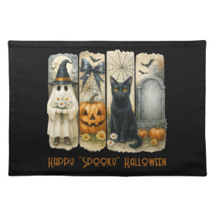 Happy "Spooky" Halloween Pumpkin Ghost Black Cat Cloth Placemat