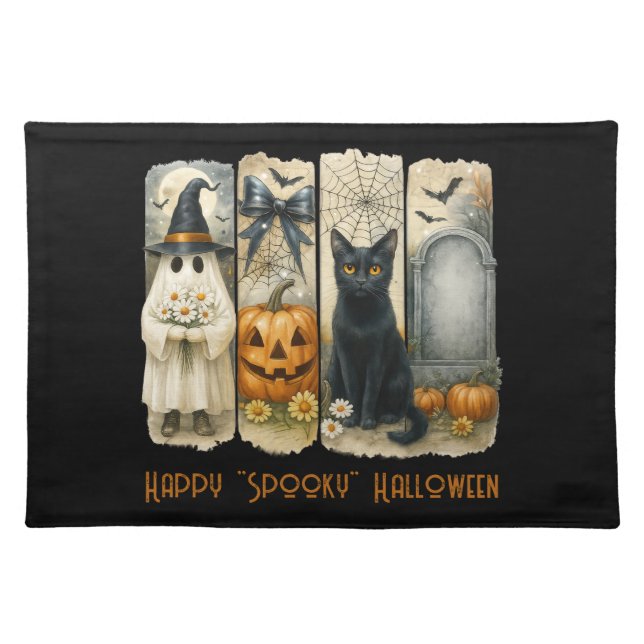 Happy "Spooky" Halloween Pumpkin Ghost Black Cat Cloth Placemat (Front)