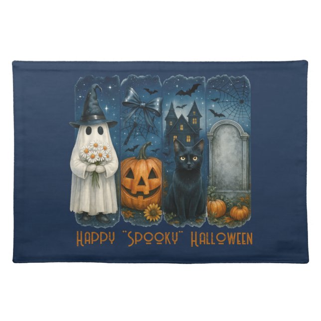 Happy "Spooky" Halloween Pumpkin Ghost Black Cat Cloth Placemat (Front)
