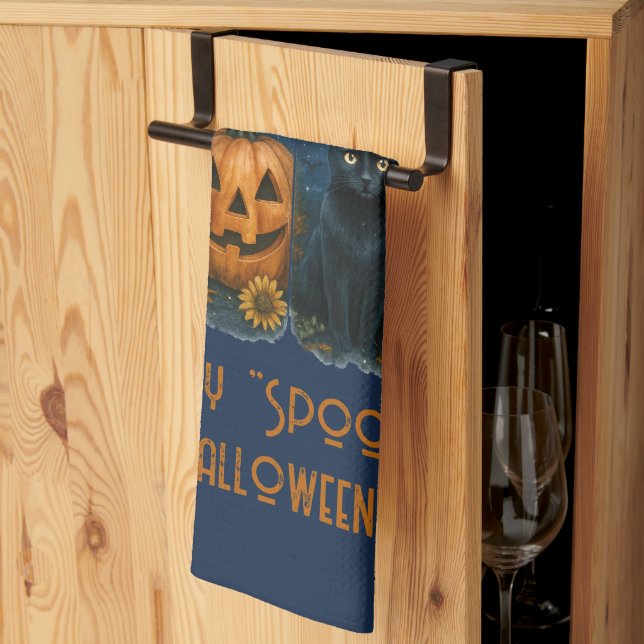 Happy "Spooky" Halloween Pumpkin Ghost Black Cat Kitchen Towel (Thirds Fold)