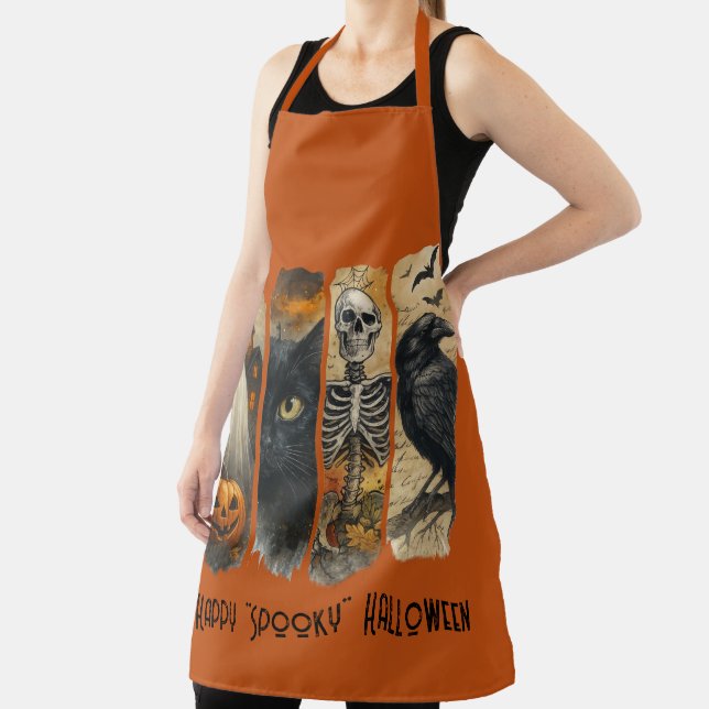 Happy "Spooky" Halloween Pumpkin Skeleton Crow Apron (Insitu)