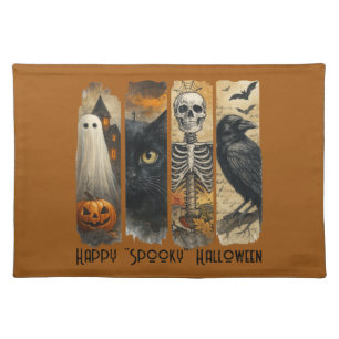 Happy "Spooky" Halloween Pumpkin Skeleton Crow Cloth Placemat