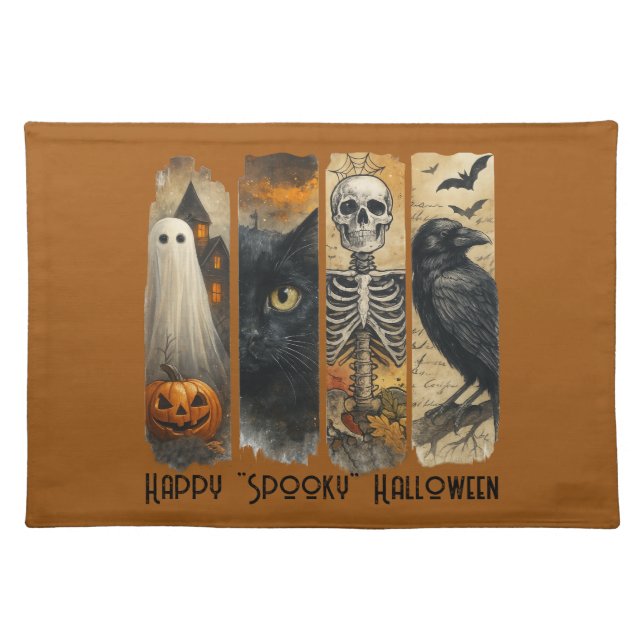 Happy "Spooky" Halloween Pumpkin Skeleton Crow Cloth Placemat (Front)