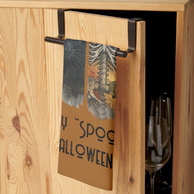 Happy "Spooky" Halloween Pumpkin Skeleton Crow Kitchen Towel (Thirds Fold)