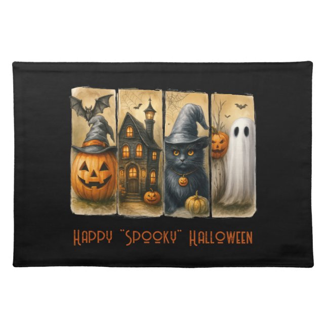 Happy "Spooky" Halloween Pumpkins Black Cat Bats Cloth Placemat (Front)
