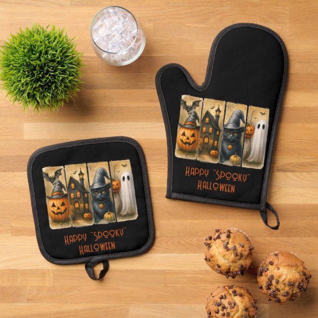 Happy "Spooky" Halloween Pumpkins Black Cat Bats Oven Mitt & Pot Holder Set (Top Down)