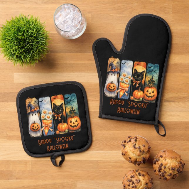 Happy "Spooky" Halloween Pumpkins Black Cat Ghost Oven Mitt & Pot Holder Set (Top Down)