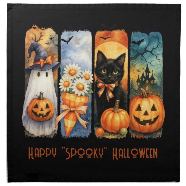 Happy "Spooky" Halloween Pumpkins Black Cat Ghosts Cloth Napkin (Front)