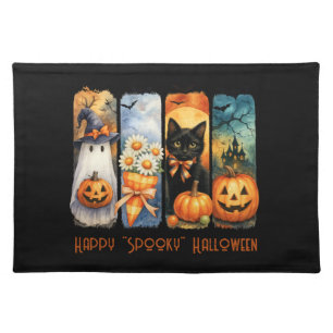 Happy "Spooky" Halloween Pumpkins Black Cat Ghosts Cloth Placemat