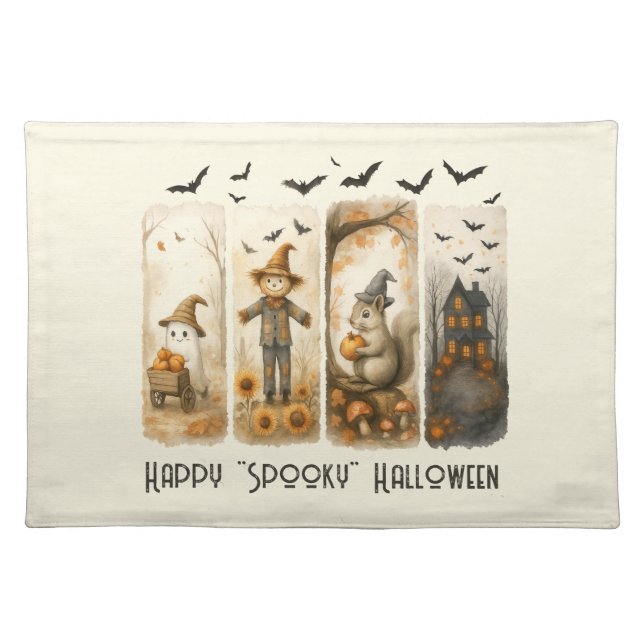 Happy "Spooky" Halloween Scarecrow Squirrel House Cloth Placemat (Front)