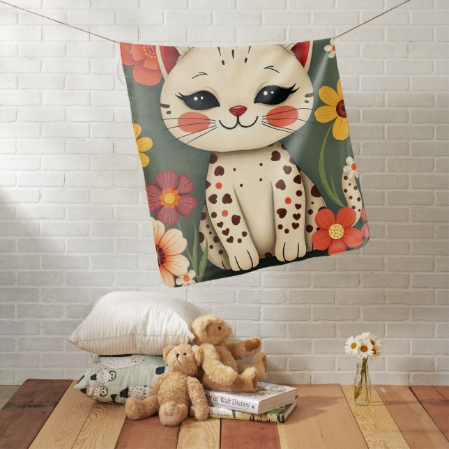 Happy Spotted Kitty with Flowers Baby Blanket (In Situ)