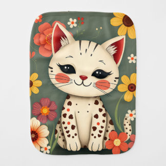 Happy Spotted Kitty with Flowers Baby Burp Cloth