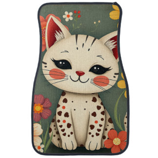 Happy Spotted Kitty with Flowers Car Floor Mat