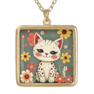 Happy Spotted Kitty with Flowers Gold Plated Necklace