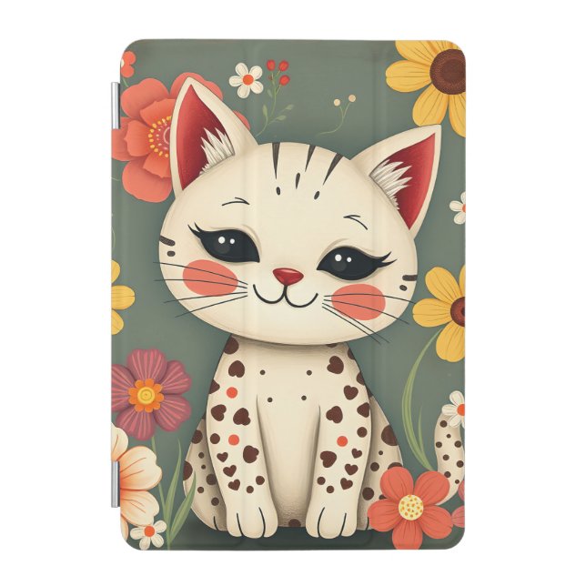 Happy Spotted Kitty with Flowers iPad Mini Cover (Front)