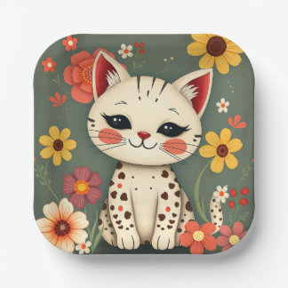 Happy Spotted Kitty with Flowers Paper Plates