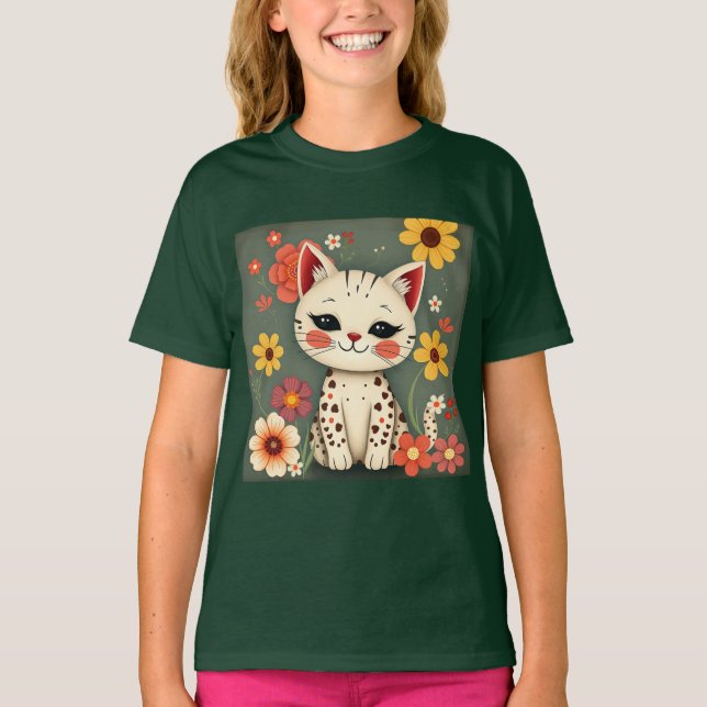 Happy Spotted Kitty with Flowers T-Shirt (Front)