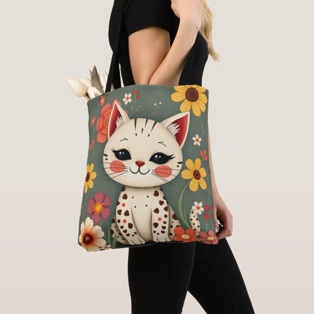 Happy Spotted Kitty with Flowers Tote Bag (Close Up)