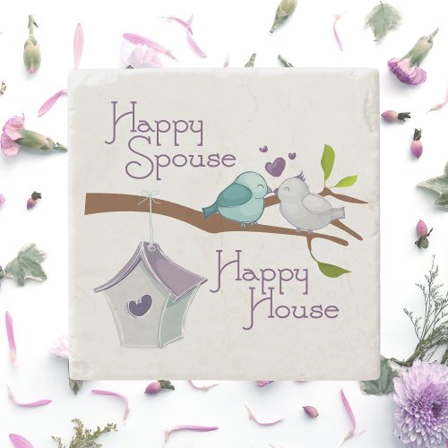 Happy Spouse Happy House Cartoon Love Birds Stone Coaster