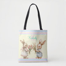 Happy Spring! Boy & Girl Bunny Rabbit With Flowers