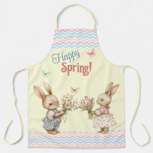 Happy Spring! Boy & Girl Bunny Rabbits and Flowers Apron