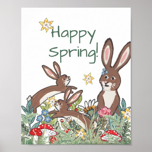 Happy Spring Bunny Rabbits Flower Garden Cheerful Poster