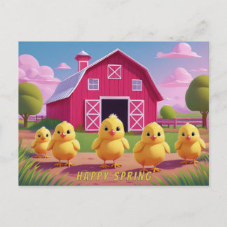 Happy Spring Chicks in Barnyard Postcard