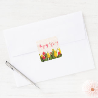 Happy Spring Colorful Tulips Square Sticker