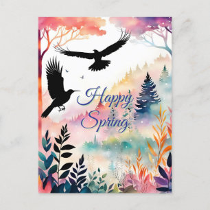 Happy Spring Crows in a Peaceful Colorful Forest Holiday Postcard