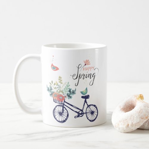 Happy spring design bicycle flowers and birds  coffee mug