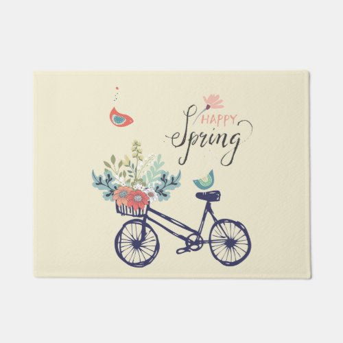Happy spring design bicycle flowers and birds  doormat