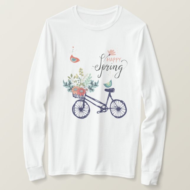 Happy spring design: bicycle, flowers and birds  T-Shirt (Design Front)