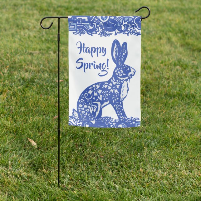 Happy Spring Easter Blue Willow Rabbit Bunny  Garden Flag (In SItu)