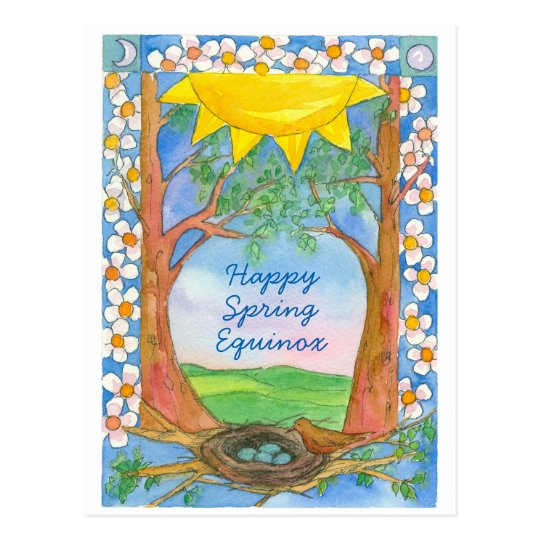 Happy Spring Equinox Sunshine Bird Trees Nature Postcard
