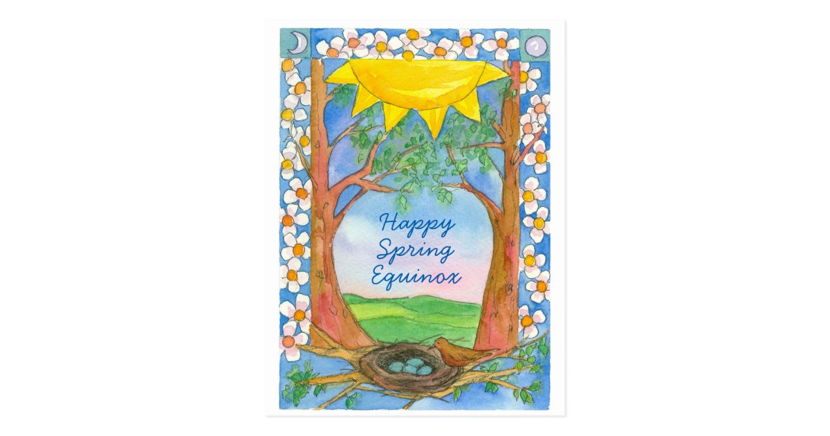 Happy Spring Equinox Sunshine Bird Trees Nature Postcard