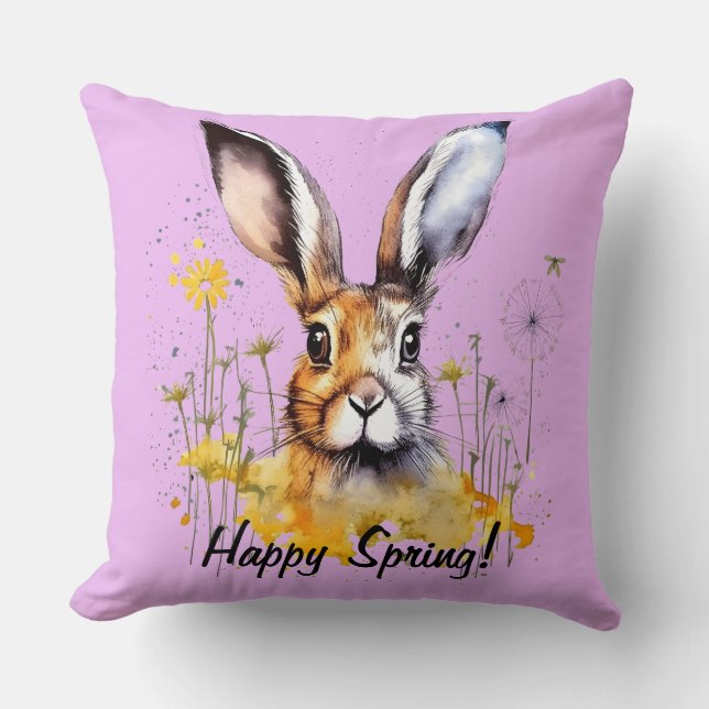 Happy Spring Floral Bunny with Yellow Dandelions Throw Pillow (Front)