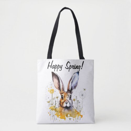 Happy Spring Floral Bunny with Yellow Dandelions Tote Bag
