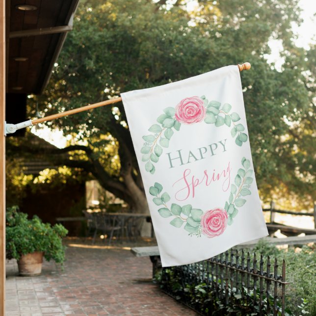 Happy Spring Floral Eucalyptus Watercolor House Flag (In SItu)