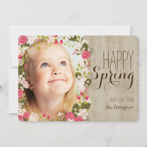 Happy Spring Floral  Linen Photo Greeting Card