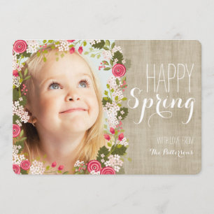Happy Spring Floral Linen Photo Greeting Card