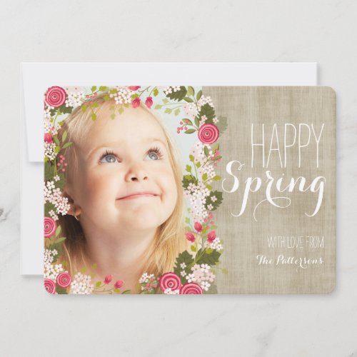 Happy Spring Floral  Linen Photo Greeting Card