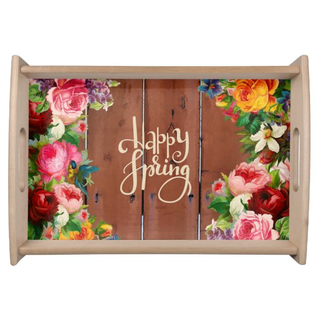Happy Spring Floral Wooden Country Serving Tray (Front)