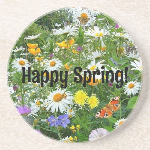Happy Spring Flowers Sandstone Coaster