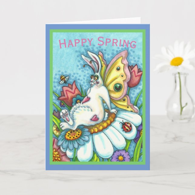HAPPY SPRING FLUTTERBUN RABBIT, FUNNY BUNNY Blank Card (Small Plant)